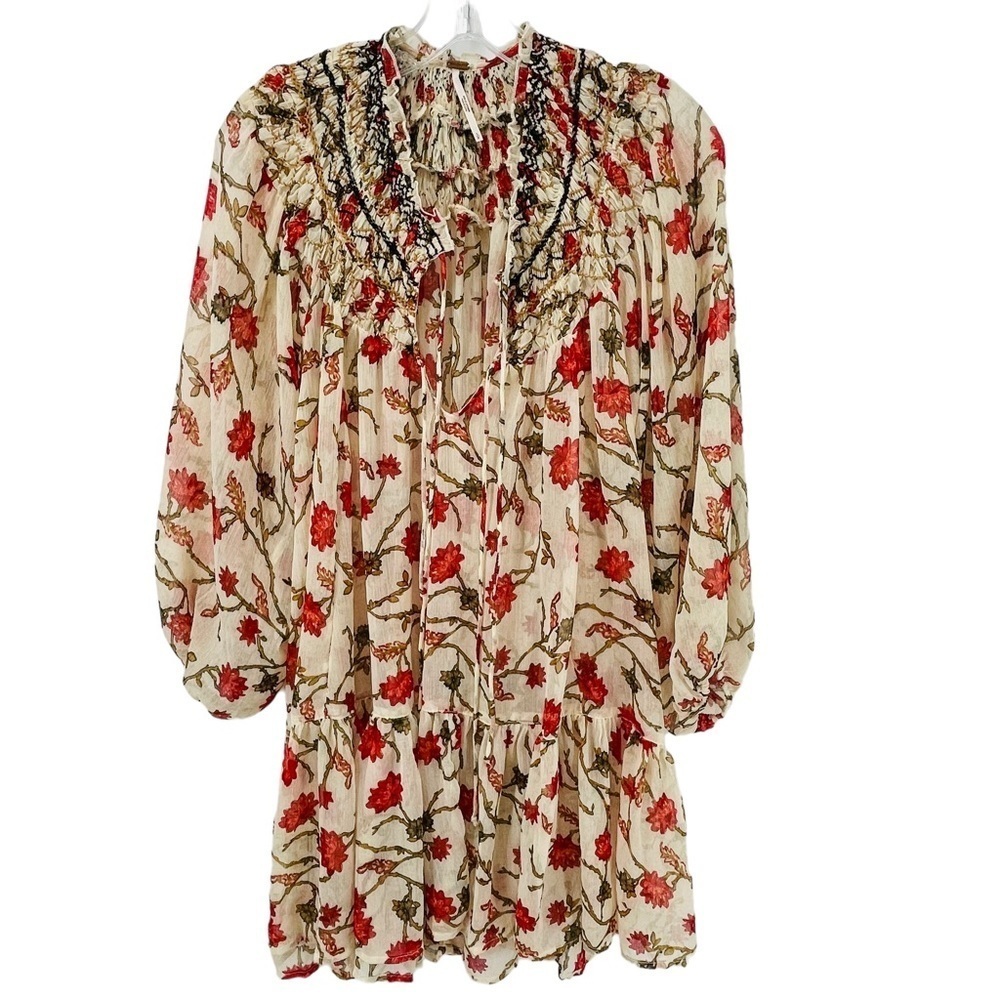 Free People Cream Floral Smocked Tunic with Red Flowers